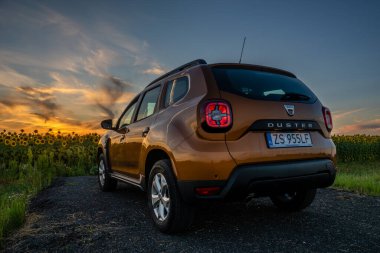 Dacia Duster SUV çiçek açan ayçiçeği tarlasına doğru yola çıktı.