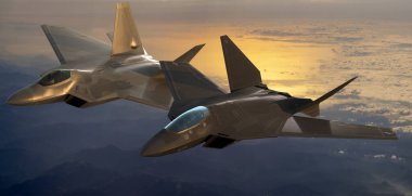 Bulutların üzerinde uçan Amerikan Hava Kuvvetleri 'nin F-22 Raptor' u ile birlikte 6. nesil bir avcı uçağının görüntüsü.