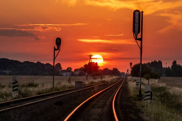 Sol Está Ajustando Sobre Trilhas Estrada Ferro — Fotografia de Stock