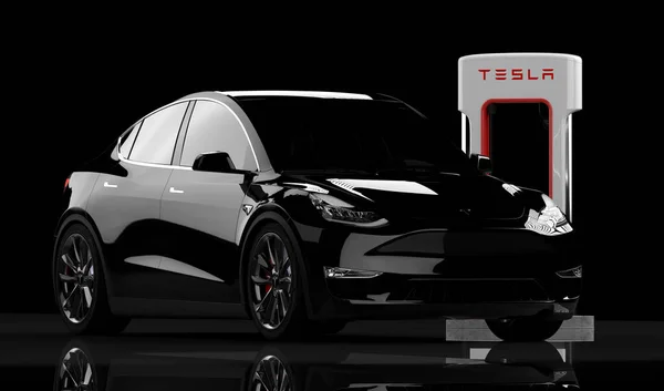 Tesla Modell Och Tesla Laddare — Stockfoto