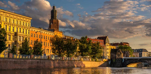 Panorama Del Quartiere Storico Breslavia Visto Dall Acqua Nell Ora — Foto Stock