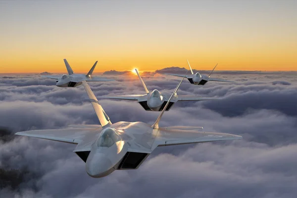 Formation Fifth Generation Lockheed Martin Raptor Air Force Flight Clouds — Stock Photo, Image