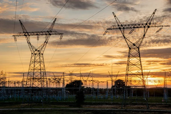High Voltage Pylons Background Evening Sky — Stock Photo, Image