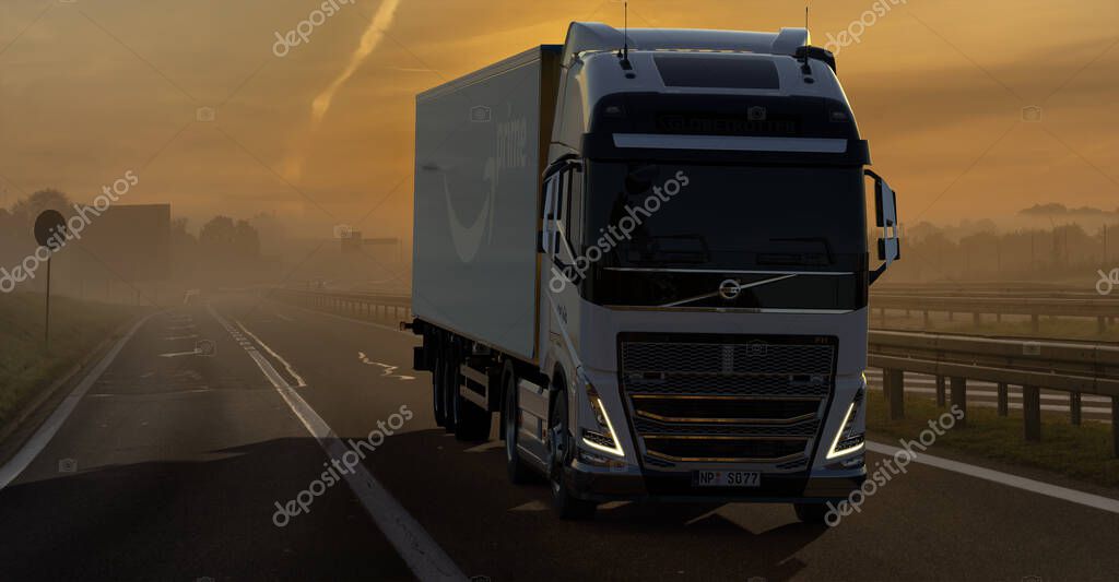 Volvo truck with Amazon Prime Logo trailer on the highway in the morning