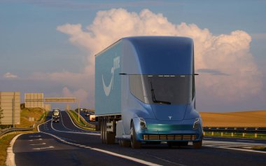Tesla 'nın üzerinde Amazon Prime logosu olan yeni kamyoneti.