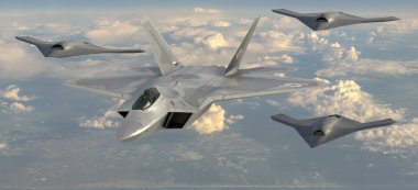 Lockheed Martin F-22 Raptor Sadık Eküri programındaki savaş dronları ile birlikte, sanatsal vizyon.