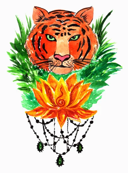 Ilustración arte tigre con flor de loto — Foto de Stock