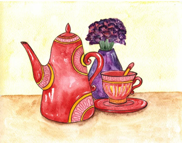 Stillleben-Aquarell. Arrangement einer Vase mit Blumen, einer Tasse und einem Wasserkocher — Stockfoto
