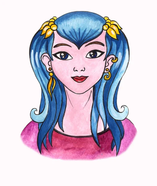 Woman face. Hand painted cartoon illustration