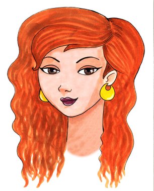 Kızım, kızıl saçlı. Güzel işaret çizimi, tebrik kartı için illüstrasyon, poster.