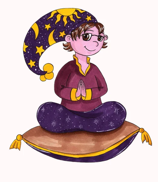 Astrólogo en un sombrero con estrellas y luna, un personaje sentado en una almohada — Foto de Stock