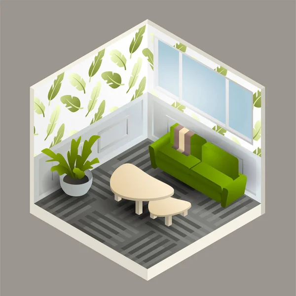 Sala Estar Isométrica Com Sofá Verde Planta Mesas Pequenas Papéis — Vetor de Stock