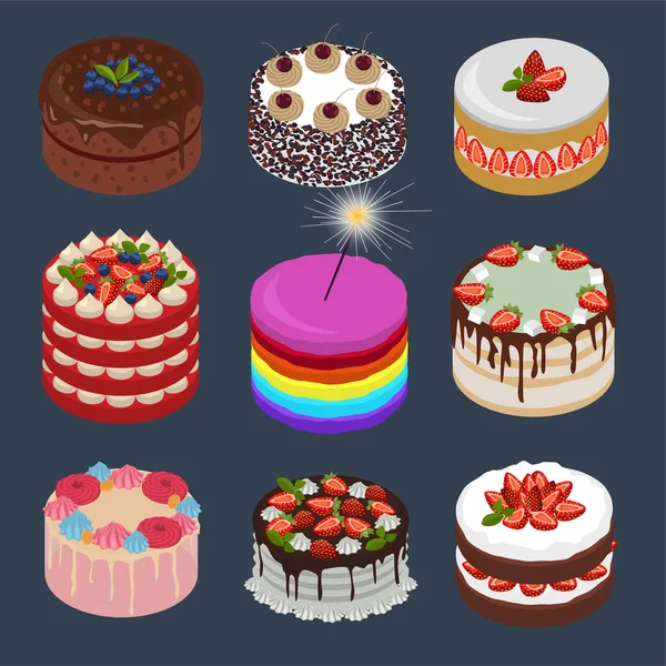 Collection Different Cakes Isometric Style Cakes Strawberry Blueberries Blueberry Mint — Stock Vector
