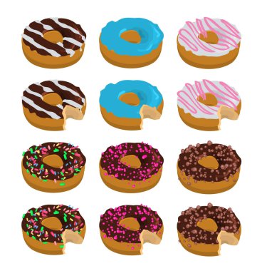 Çikolata, cips, krema, fondan ile farklı donut koleksiyonu. Biyometrik stil.