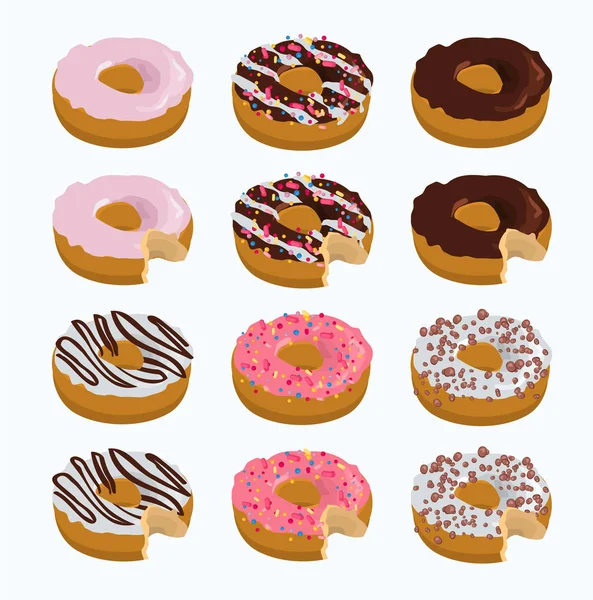 Çikolata, cips, krema, fondan ile farklı donut koleksiyonu. Biyometrik stil.