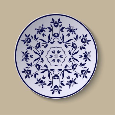 Soyut bir şekilde çiçek süsüyle kaplanmış. Süslü klasik tabak, her amaçla harika tasarım. Vektör izole illüstrasyon. Soyut vektör arkaplanı. Vektör illüstrasyonu