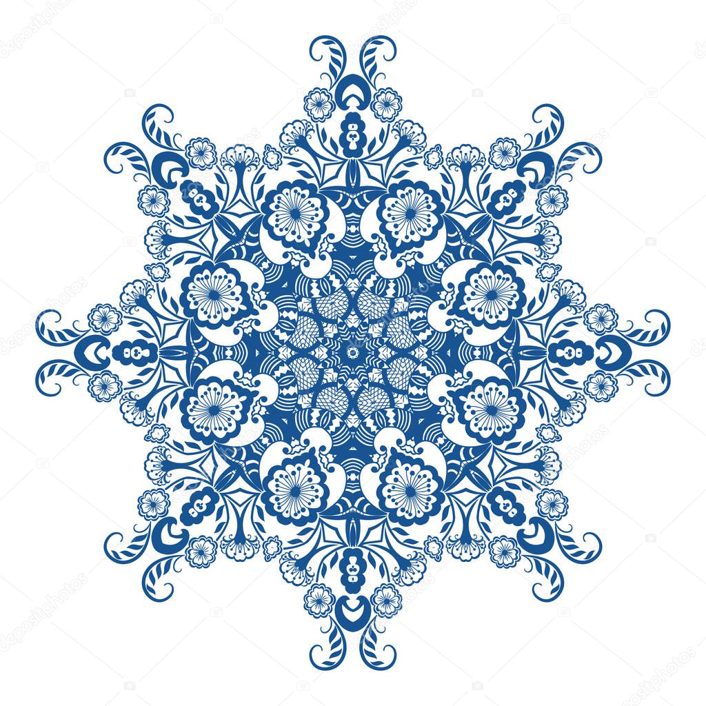 Blue round ornament on white background. Vector illustration