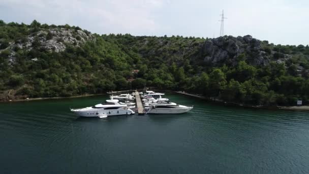 Aerial View White Sailboats Yachts Embarked Marina Turquoise Water Croatia — Stock Video