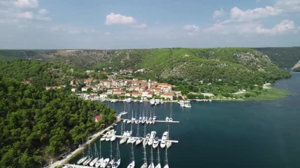 Aerial View White Sailboats Yachts Embarked Marina Turquoise Water Croatia — Stock Video