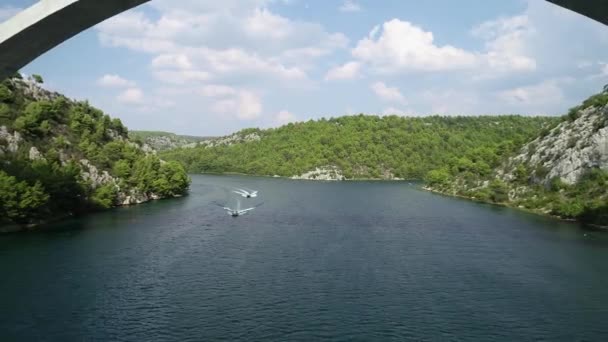 Aerial View Sailing Catamaran Speedboat Turquoise Water Croatia Europe Water — Stock Video