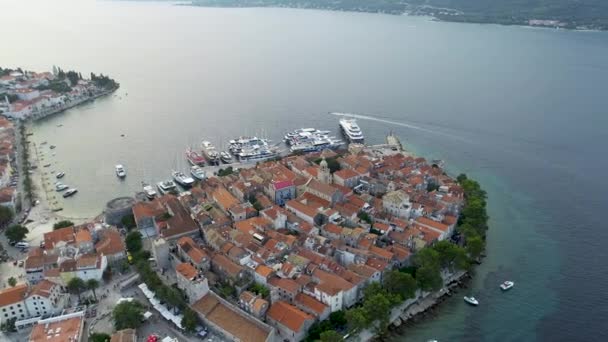 Aerial View Famous Croatian Island Korcula Mediterranean Architecture Marina Luxury — Stock Video