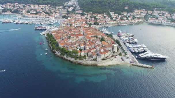 Panorama Aéreo Isla Croata Korcula Atardecer Amanecer Ciudad Vieja Con — Vídeos de Stock