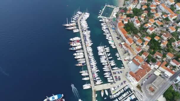 Aerial View Marina Full Sailboats Yachts Boats Mediterranean City Korcula — Stock Video