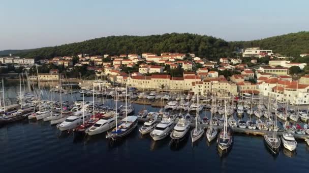 Aerial View Marina Port Sailboats Yachts Croatian Bay Korcula Dalmatian — Stock Video