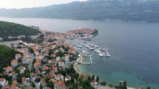 Vue Aérienne Port Marina Avec Voiliers Yachts Dans Baie Croate — Video