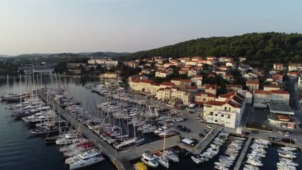 Aerial View Marina Port Sailboats Yachts Croatian Bay Korcula Dalmatian — Stock Video