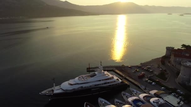 Luxury Big White Yacht Embarked Port Harbor Aerial View Sunset — Stock Video