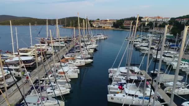 Vista Aérea Marina Com Veleiros Iates Embarcados Vela Férias Mônaco — Vídeo de Stock