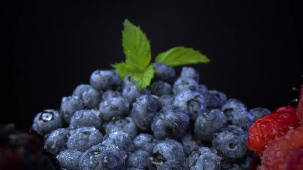 Fresh Forest Fruits Black Bowls Blackberries Blueberries Raspberries Black Bowls — Stock Video