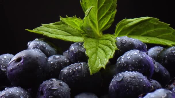 Nahaufnahme Der Schüssel Voller Frischer Bio Blaubeeren Mit Minzblättern Bestreut — Stockvideo