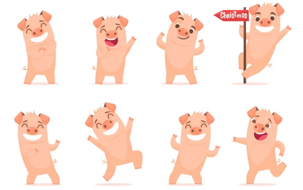 Vecteur Petits Personnages Porcs Bande Dessinée Posant Dans Différentes Situations — Image vectorielle