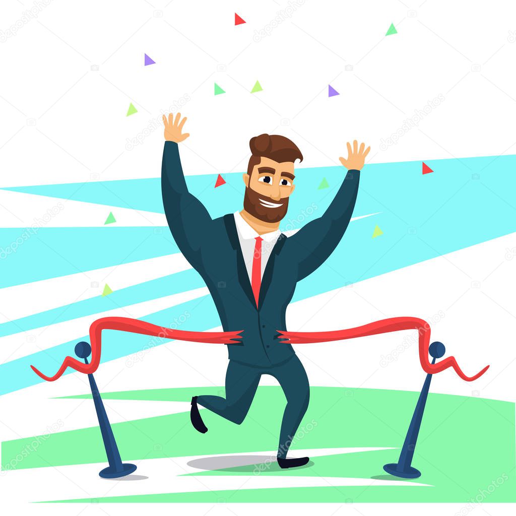 Bearded fun character businessman finished first. Happy cartoon business men.  Vector illustration