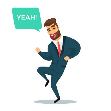 Sakallı eğlenceli işadamı karakter. Mutlu çizgi film iş erkek. Vektör çizim