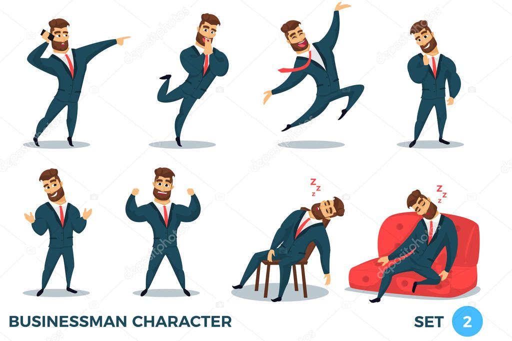 Businessman Character design - set 2. Fun bearded business men in different situations. Vector illustration