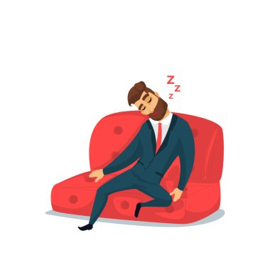 İşadamı karakter tasarımı. Eğlenceli iş adamı uyku sakallı. Vektör çizim