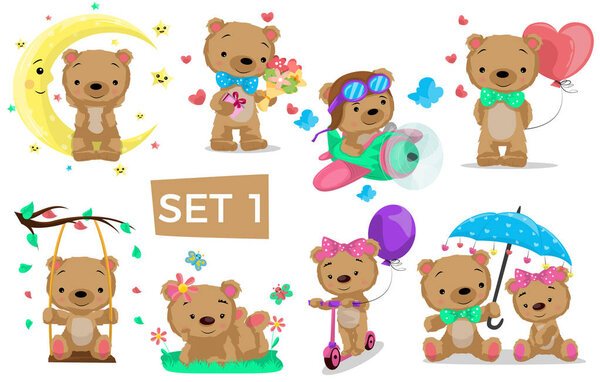 Милые медведи. Персонаж медвежонка Тедди позирует в разных ситуациях. Дети несут иллюстрации к открыткам, плакатам, приглашениям, презентациям и другим. Векторная иллюстрация. Комплект 1
