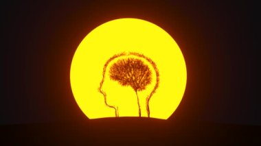 Kafanın içinde insan beyni şeklinde büyüyen ağaç silueti. Eko kavramı. 3B görüntüleme.