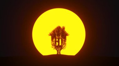 Ev şeklinde büyüyen ağaç silueti. Eko kavramı. 3B görüntüleme.