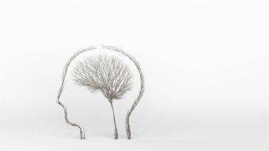 Kafanın içinde insan beyni şeklinde büyüyen bir ağaç. Eko kavramı. 3B görüntüleme.