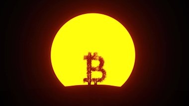 Bitcoin şeklinde büyüyen ağaç silueti. Eko kavramı. 3B görüntüleme.