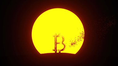 Bitcoin şeklinde büyüyen ağaç silueti. Eko kavramı. 3B görüntüleme.