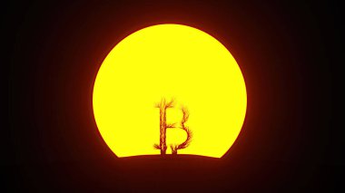 Bitcoin şeklinde büyüyen ağaç silueti. Eko kavramı. 3B görüntüleme.