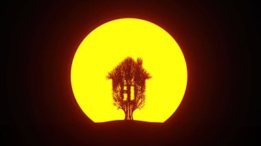 Ev şeklinde büyüyen ağaç silueti. Eko kavramı. 3B görüntüleme.