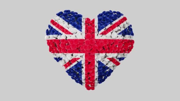 Verenigd Koninkrijk Nationale Feestdag Hartanimatie Met Alfa Matte Bloemen Vormen — Stockvideo