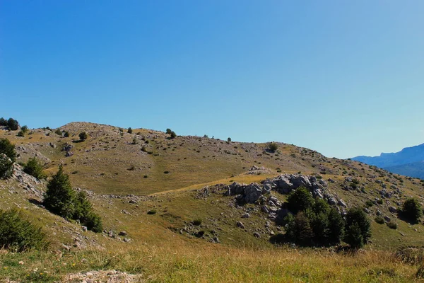 山岩溶 草和一些树 波斯尼亚和黑塞哥维那秋天的Bjelastic Nica山 — 图库照片