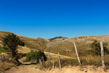 Arka planda eski çitleri ve dağ zirveleri olan eski bir dağ yolu manzarası. Kıştan önce sonbaharda dağda kurumuş bitki örtüsü. Bjelasnica Dağı, Bosna-Hersek.